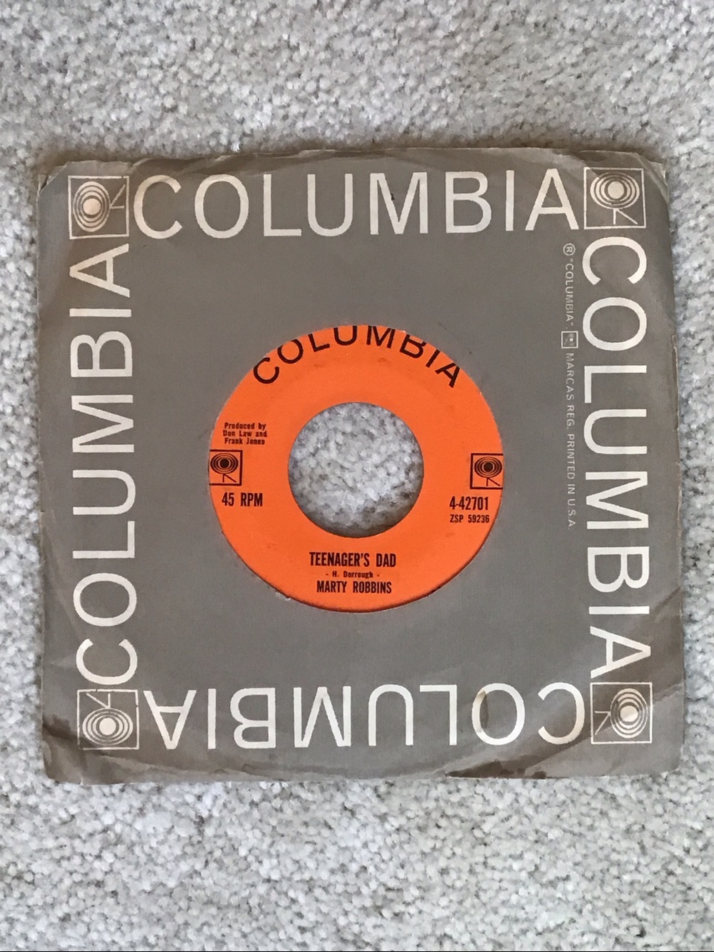 Vintage Marty Robins 7” Vinyl Record, 1963, Columbia Records